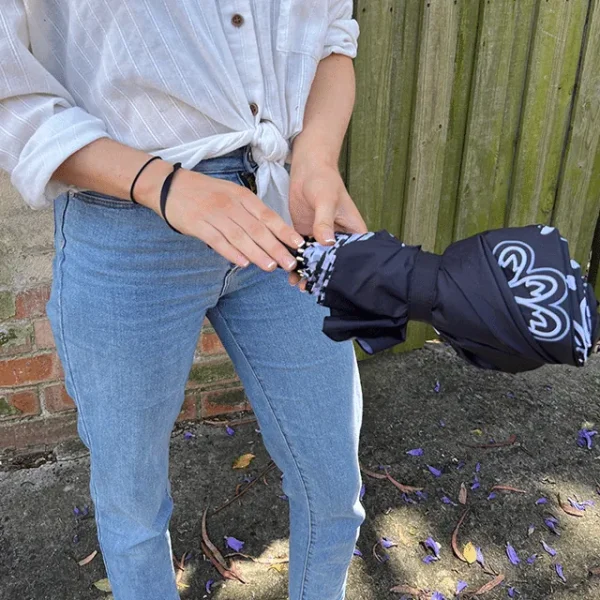 A person holding a compact black umbrella