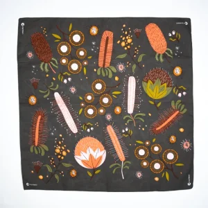 A wide shot photo of the Australian Flora bandana laid out flat