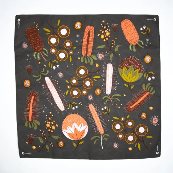 A wide shot photo of the Australian Flora bandana laid out flat