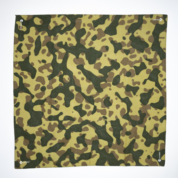 A wide shot photo of the camo bandana laid out flat