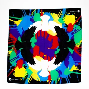 A wide shot photo of the Effervescent Owl bandana laid out flat
