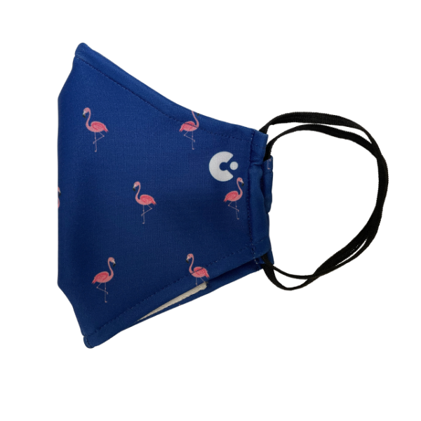 A side view of the flamingo face mask with the ear loops exposed