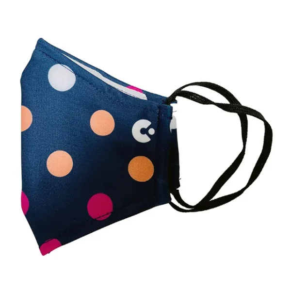 A side view of the polka dot face mask with the elastic loop