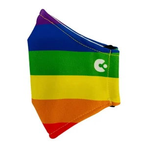A close up side view of the rainbow face mask
