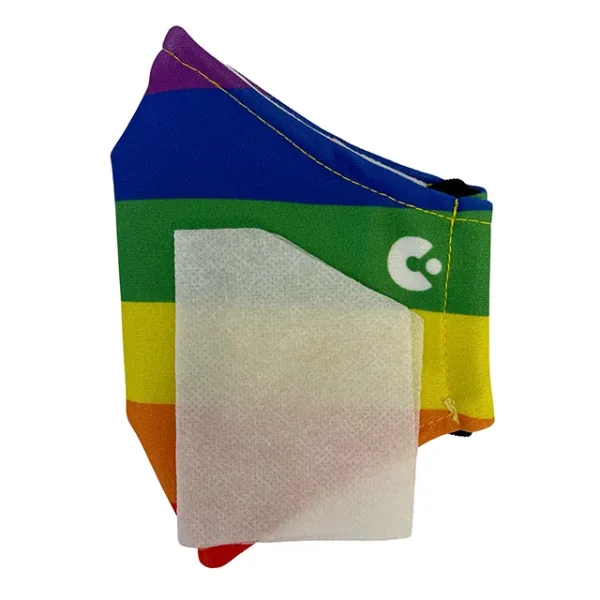 A side view of the rainbow face mask with the liner on the side