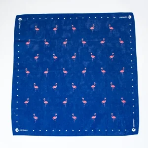 A wide shot photo of the Flamingo bandana laid out flat