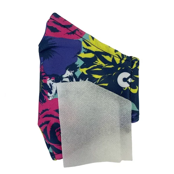 A side view of a floral face mask with a liner on the side