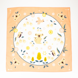 A wide shot photo of a cute koala bandana laid out flat