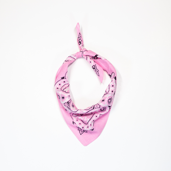 A photo of the Mexican pink bandana tied and styled