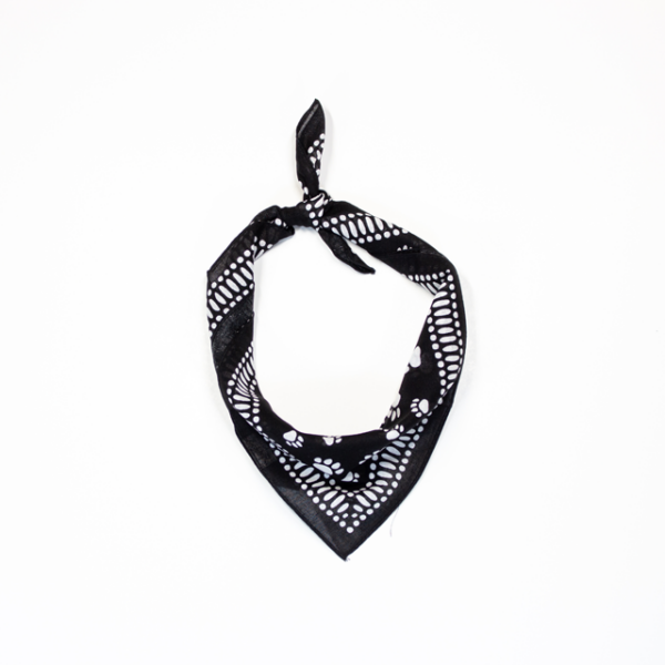 A photo of the paw print pet bandana tied up and styled