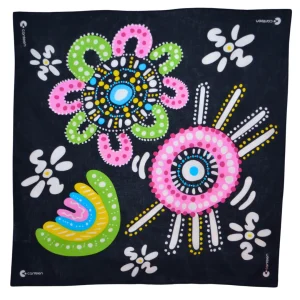 A wide shot photo of the Family Connections bandanna laid out flat