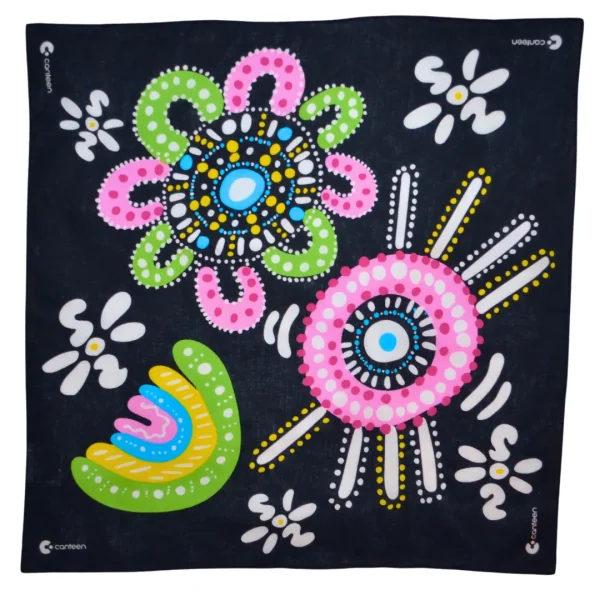 A wide shot photo of the Family Connections bandanna laid out flat